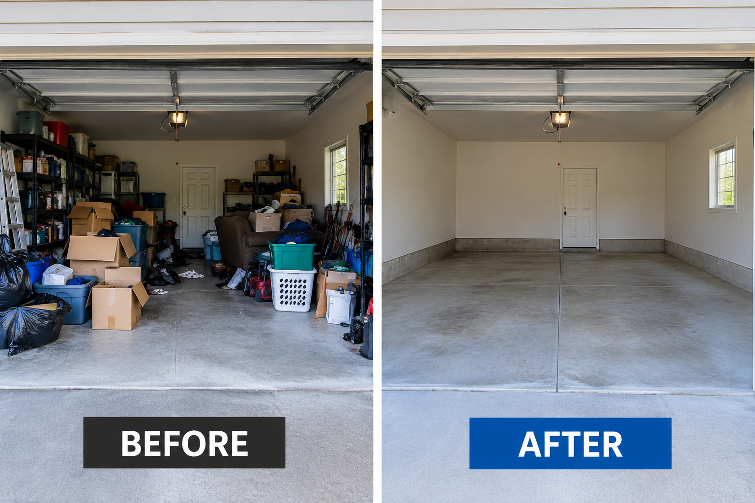 Side-by-side garage transformation: cluttered garage before junk removal and cleared garage after