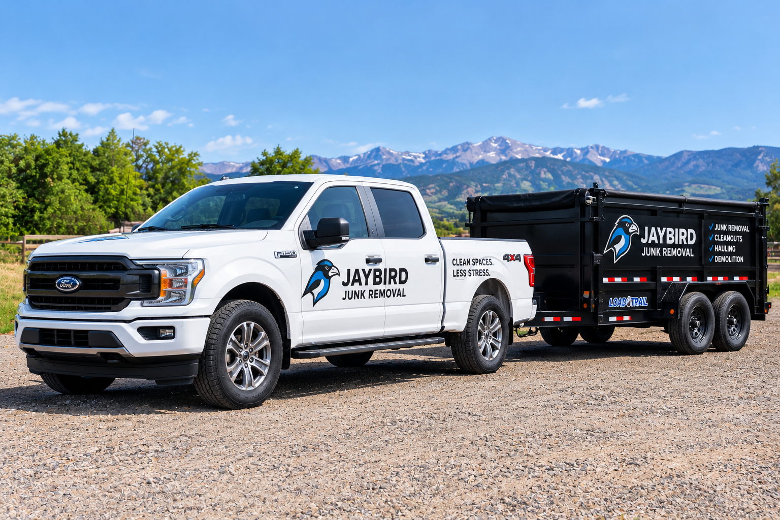 White Ford F-150 with JayBird Junk Removal branding towing a black dump trailer